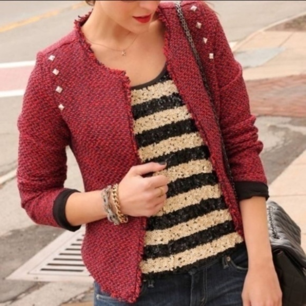Monteau Red Tweed Open Front 3/4 Sleeve Blazer